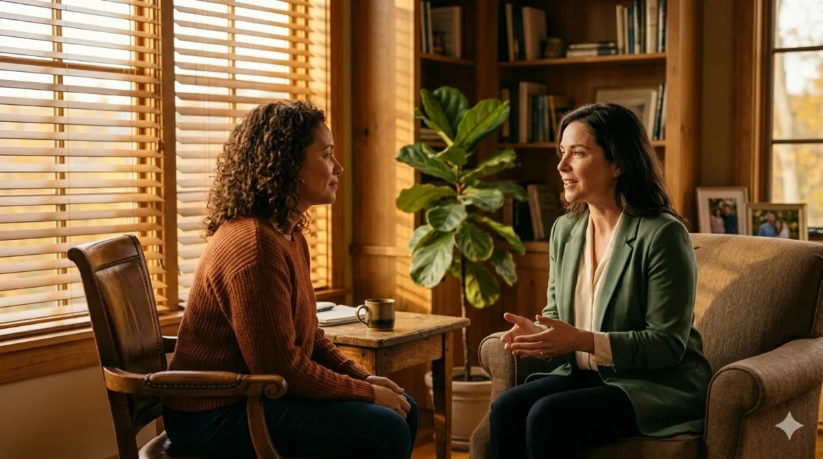 Two people in genuine, attentive conversation in a warm, softly lit professional setting. One listens intently; the other speaks with care.