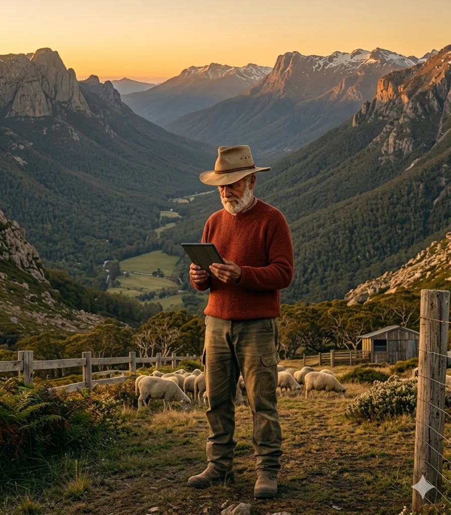 Sheep farmer consulting AI on a tablet in a high-country paddock, Snowy Mountains backdrop at dusk