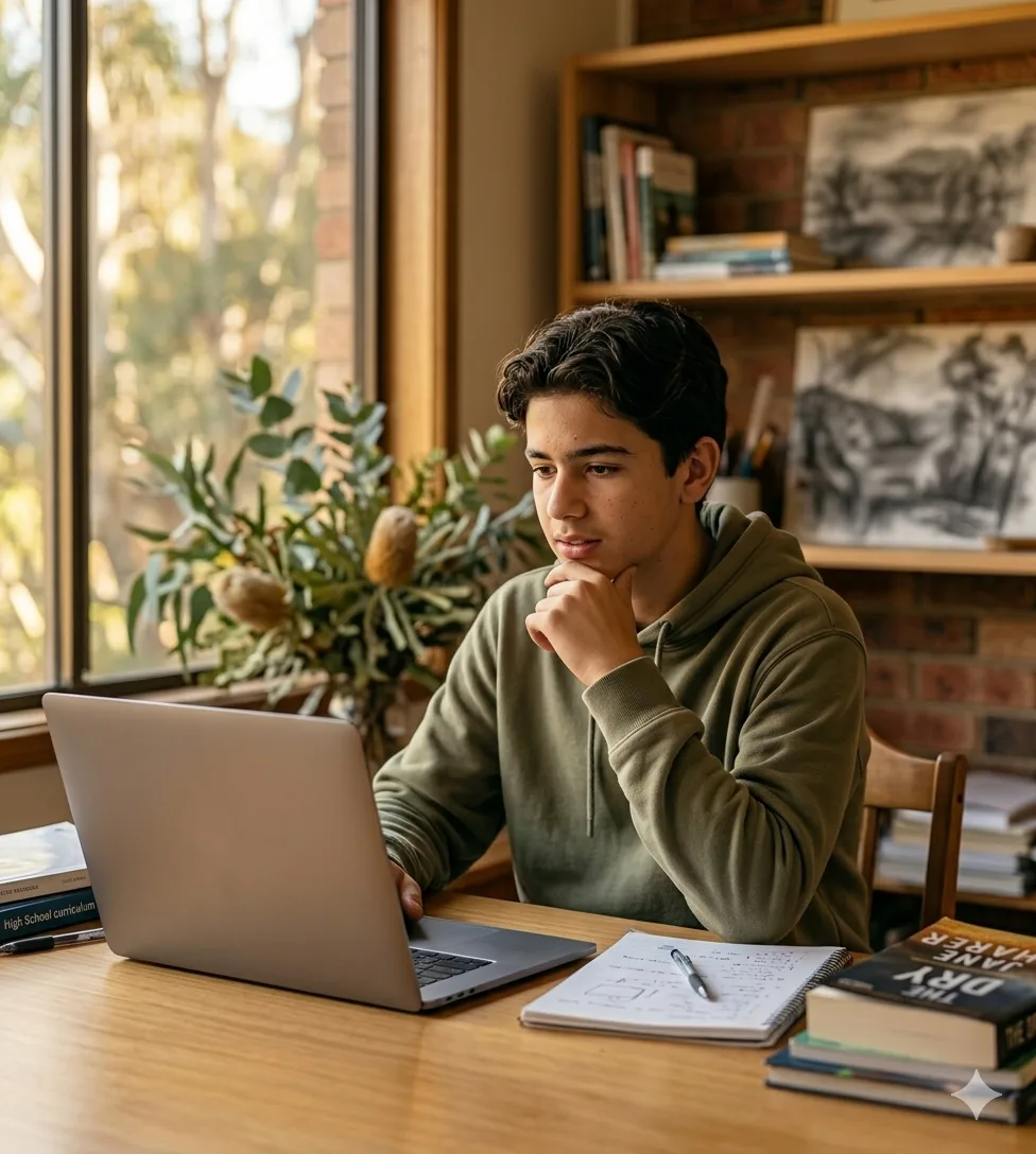 A teenager at a desk looking at a laptop, slightly uncertain expression