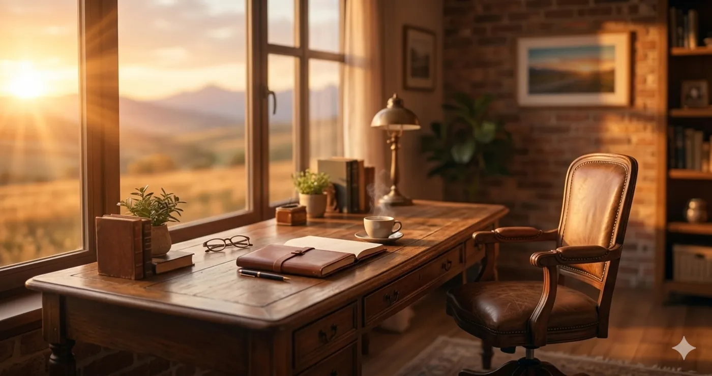 A desk at sunrise — the contemplative moment where Future Together began